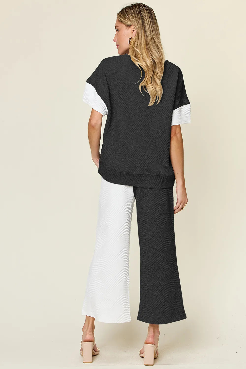 Light gray double take texture contrast T-shirt and wide-leg pants set by Trendsi, stylish casual outfit for women.