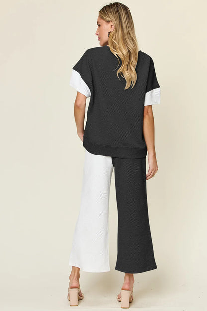 Light gray double take texture contrast T-shirt and wide-leg pants set by Trendsi, stylish casual outfit for women.