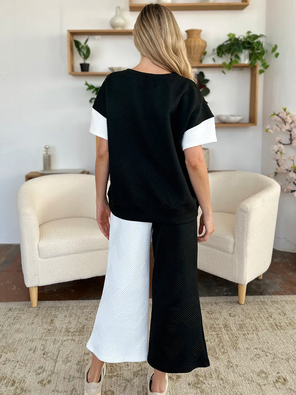 Light gray Trendsi Double Take full-size texture contrast T-shirt and wide-leg pants set, showcasing stylish casual outfit.
