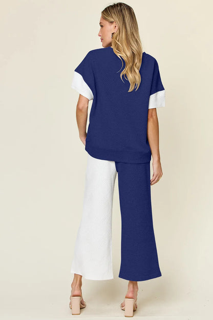 Light gray Trendsi Double Take full-size texture contrast T-shirt and wide-leg pants set, styled for a casual look.