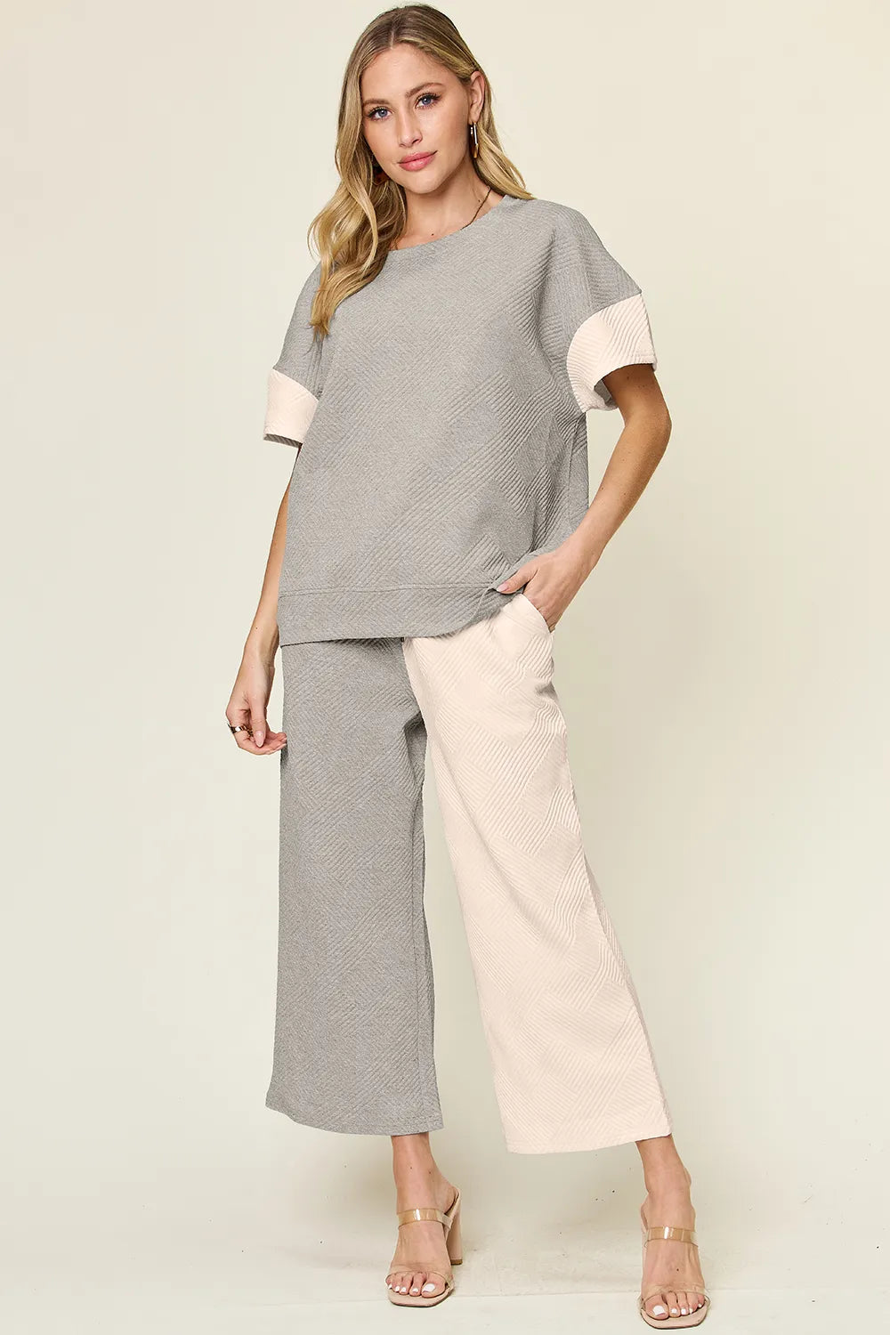 Light gray double take texture contrast T-shirt and wide-leg pants set by Trendsi, casual stylish outfit for everyday wear.