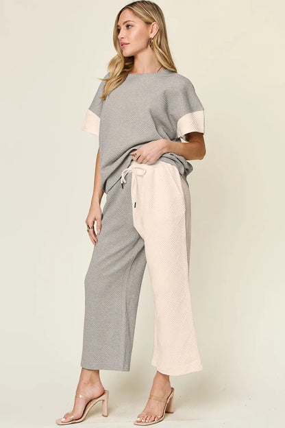 Light gray double take full-size texture contrast T-shirt and wide-leg pants set by Trendsi, casual stylish outfit.
