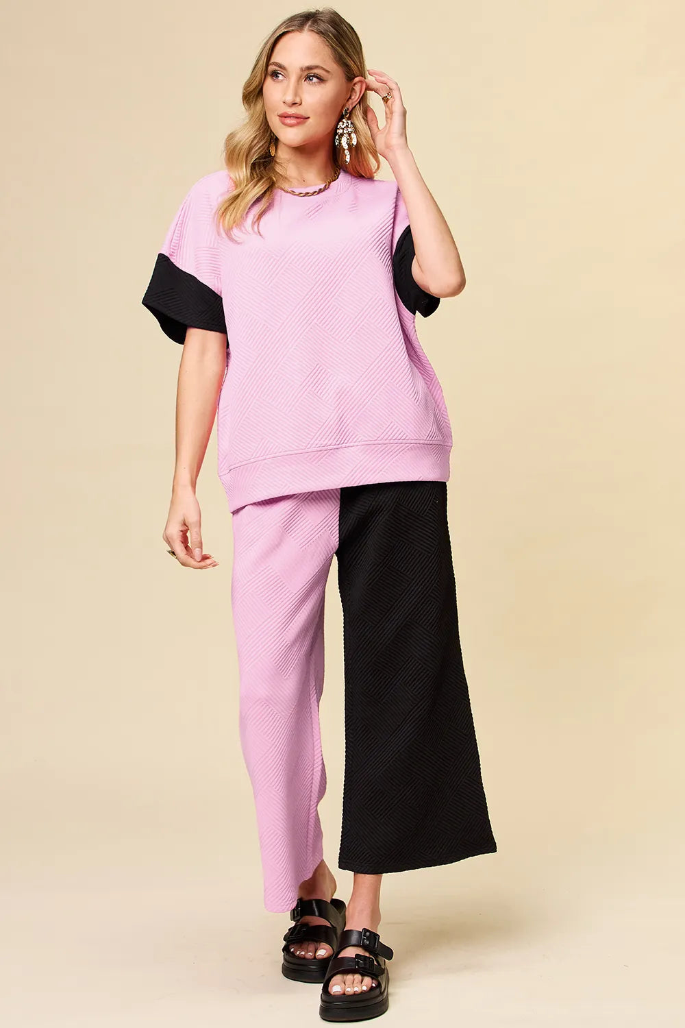 Light gray Trendsi double take full size texture contrast T-shirt and wide-leg pants set, shown flat on a white background.