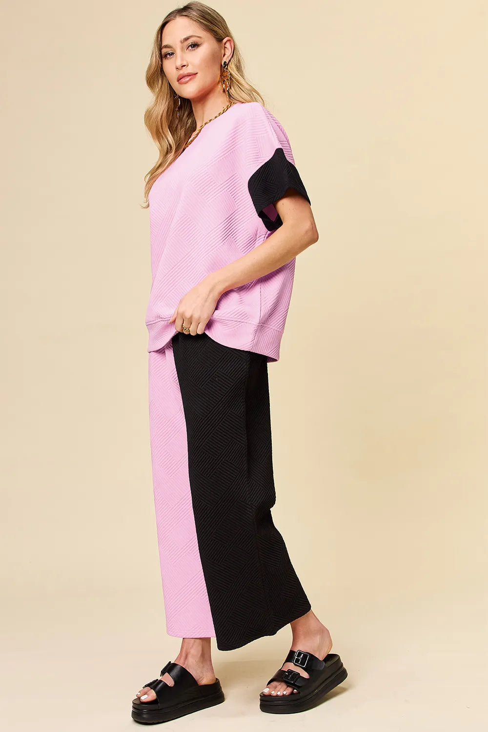 Light gray double take full-size texture contrast T-shirt and wide-leg pants set by Trendsi, shown on a model.