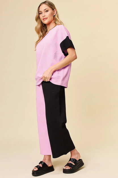 Light gray double take full-size texture contrast T-shirt and wide-leg pants set by Trendsi, shown on a model.