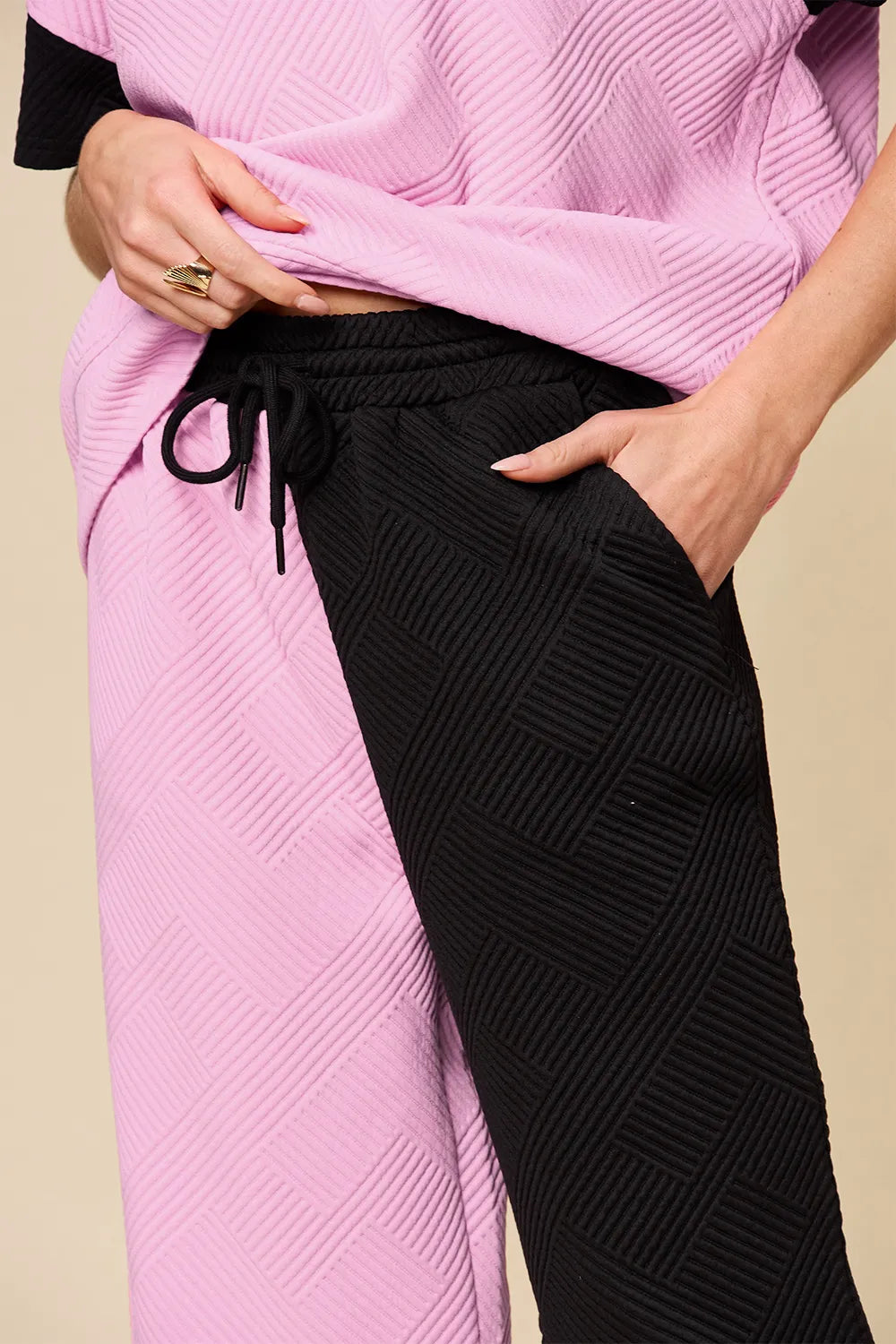 Light gray Trendsi double take full-size t-shirt and wide-leg pants set with textured contrast fabric, casual and stylish.