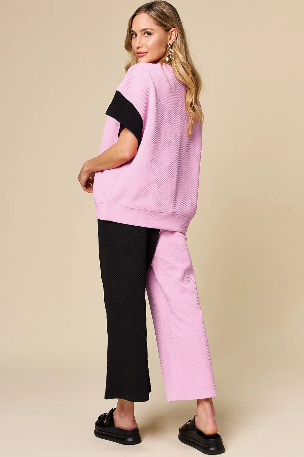 Light gray double take texture contrast T-shirt and wide-leg pants set by Trendsi, casual and stylish full-size outfit.