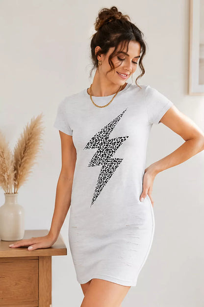 Light gray Double Take Leopard Lightning graphic tee dress by Trendsi, featuring a bold leopard and lightning print.