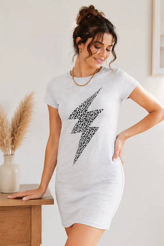 Light gray Double Take Leopard Lightning graphic tee dress by Trendsi, featuring a bold leopard and lightning print.