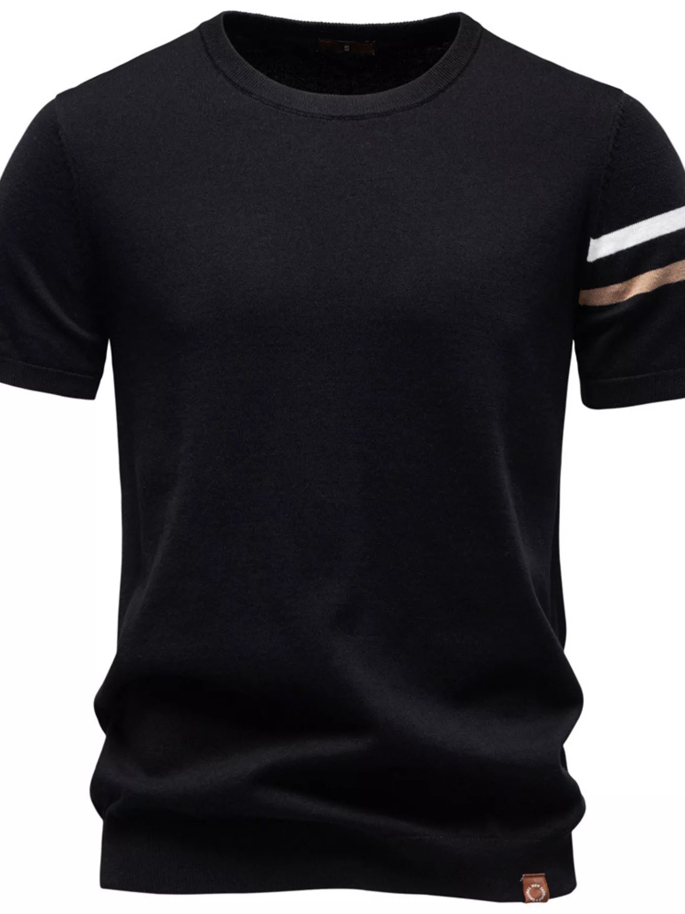 Light gray men's casual striped sleeve T-shirt from Trendsi with a relaxed fit and classic crew neckline.