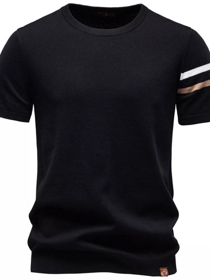 Light gray men's casual striped sleeve T-shirt from Trendsi with a relaxed fit and classic crew neckline.