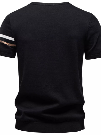 Light gray men's casual striped T-shirt with short sleeves from Trendsi, featuring a classic crew neckline and relaxed fit.