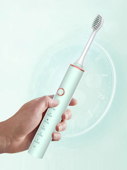 Light green Trendsi electric toothbrush with multiple cleaning modes and one-size design, showing the brush head and handle.