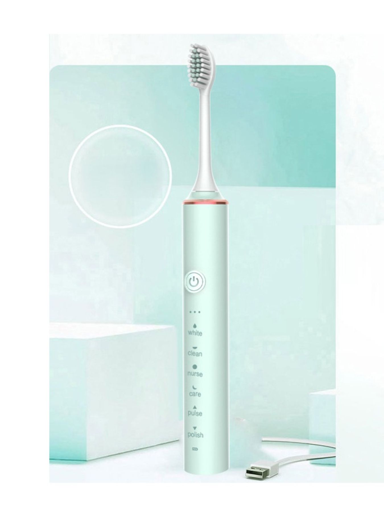 Light green Trendsi electric toothbrush with multiple brushing modes, featuring a sleek, one-size design and digital display.