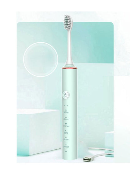 Light green Trendsi electric toothbrush with multiple brushing modes, featuring a sleek, one-size design and digital display.
