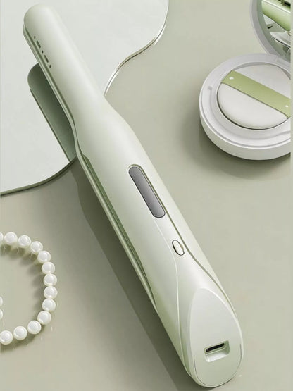 Light green cordless rechargeable hair straightener by Trendsi with sleek design, ideal for quick styling and travel convenience.