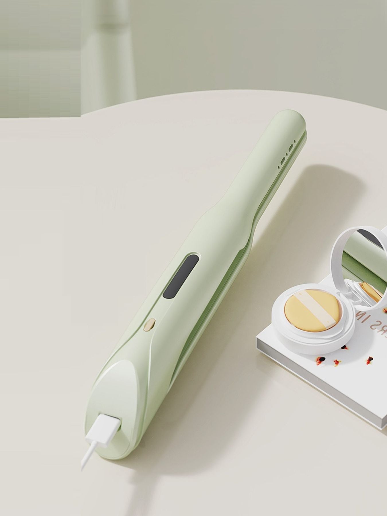 Light green Trendsi cordless rechargeable hair straightener with sleek design, suitable for quick styling on the go.