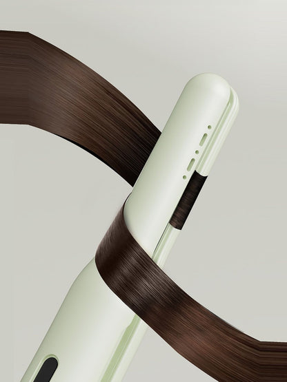 Light green Trendsi cordless rechargeable hair straightener with dual plates and compact design for easy styling.