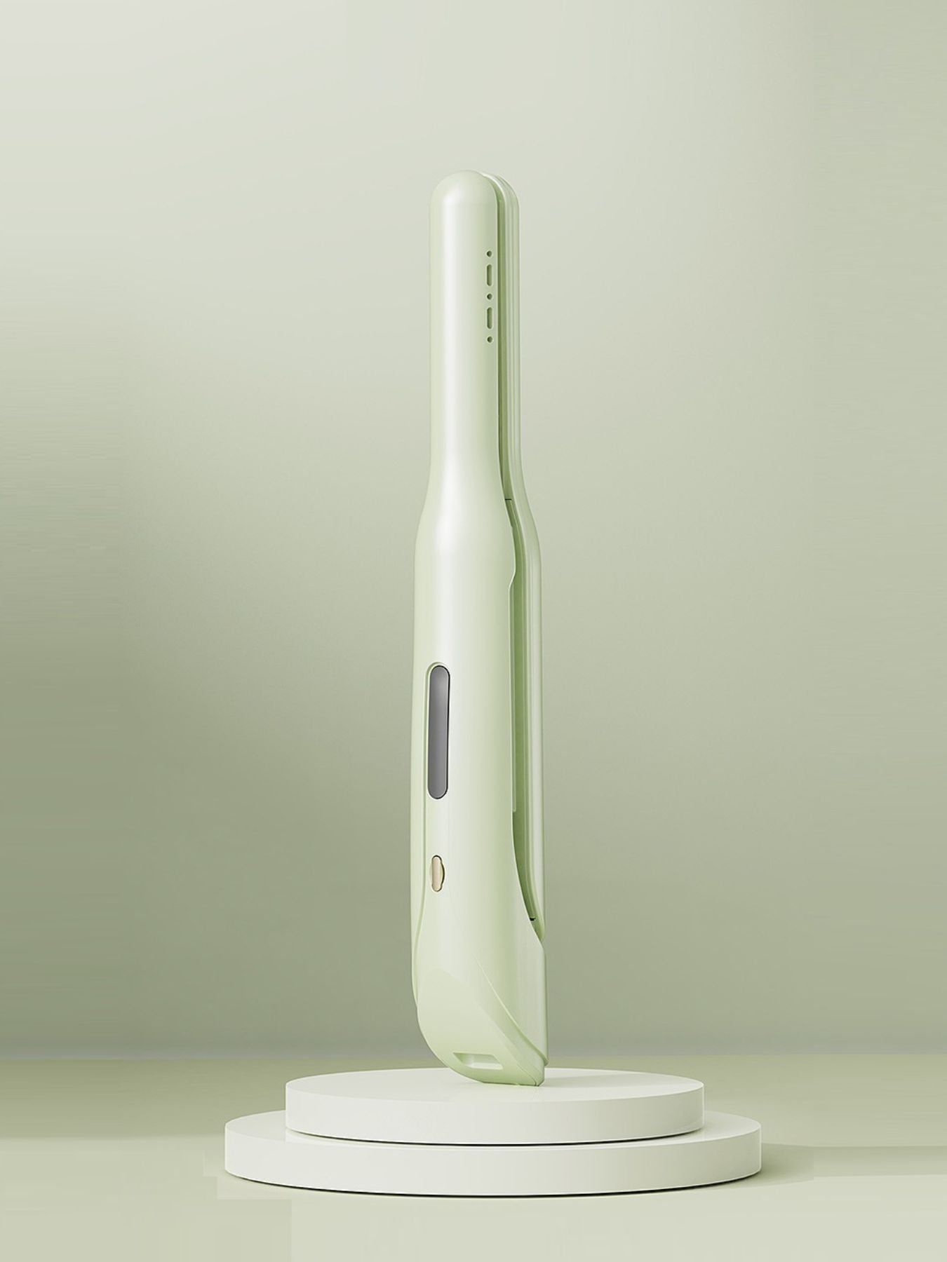 Light green cordless rechargeable hair straightener by Trendsi, showing sleek design and compact size for easy styling.