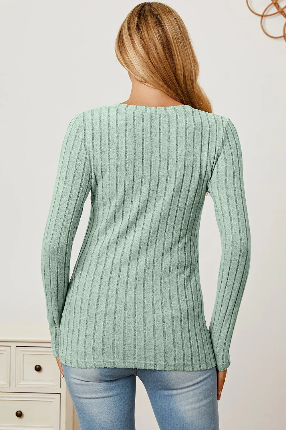 Light green Trendsi Basic Bae full-size ribbed V-neck long sleeve T-shirt displayed on a mannequin.