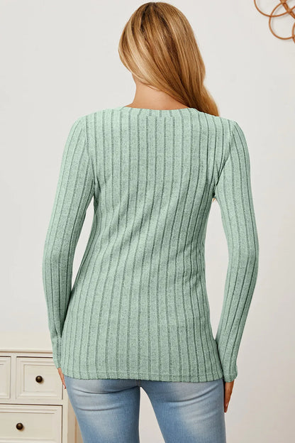 Light green Trendsi Basic Bae full-size ribbed V-neck long sleeve T-shirt displayed on a mannequin.