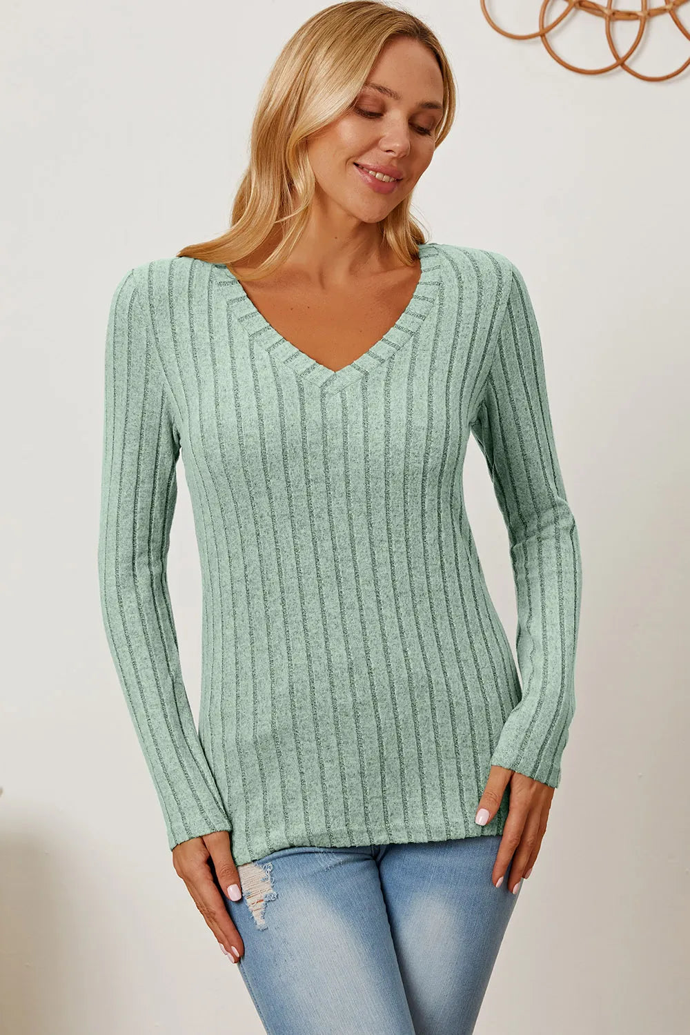 Light green Trendsi Basic Bae ribbed V-neck long sleeve T-shirt, full size, showing the fitted fabric and V-neck design.