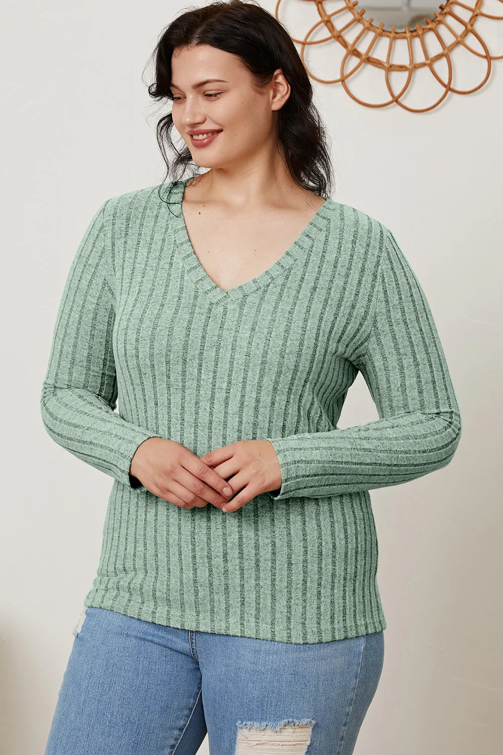 Light green Trendsi Basic Bae ribbed V-neck long sleeve T-shirt, full size, showcasing the fitted design and ribbed texture.