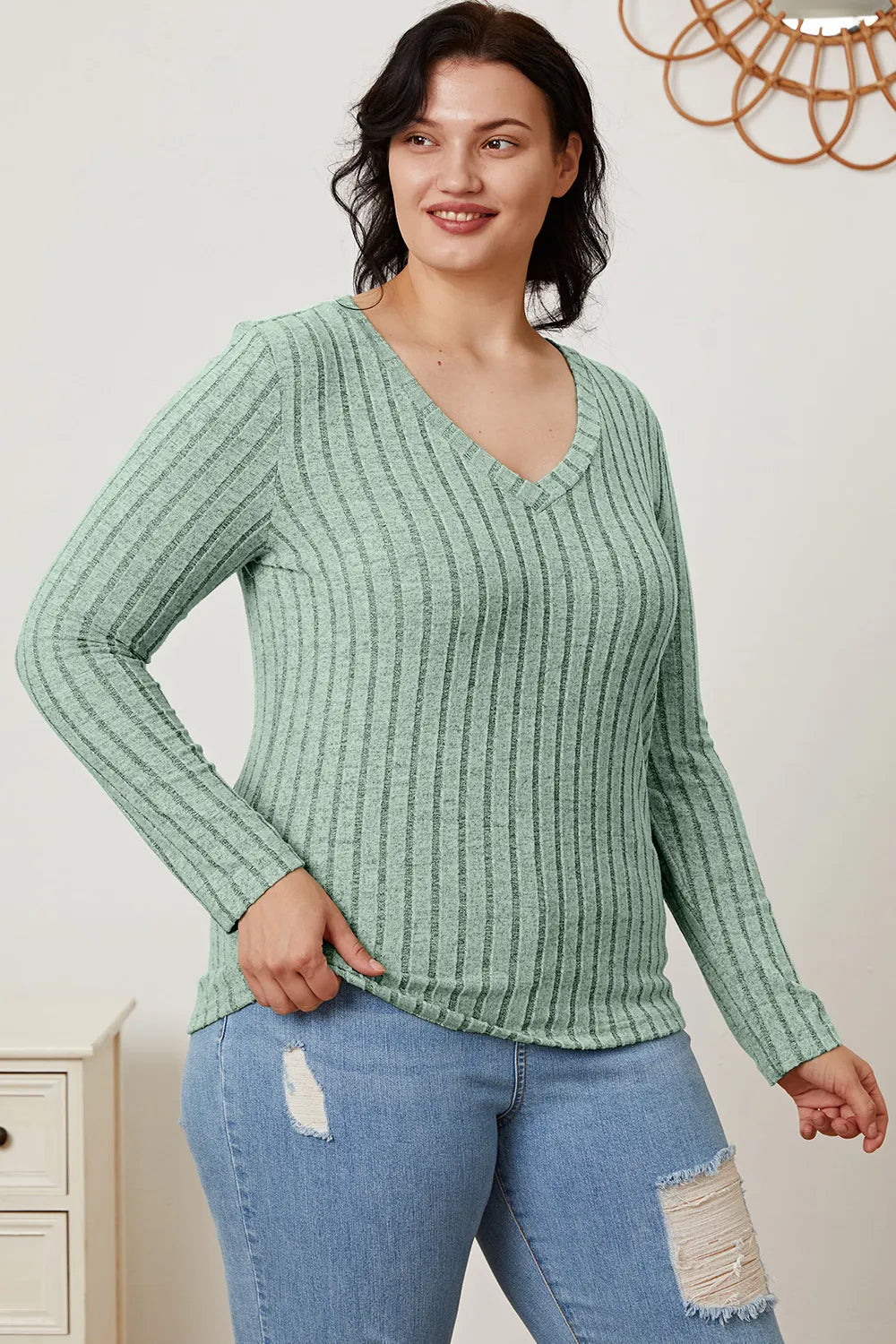 Light green Trendsi Basic Bae ribbed V-neck long sleeve T-shirt, full size, casual knit top with fitted long sleeves.