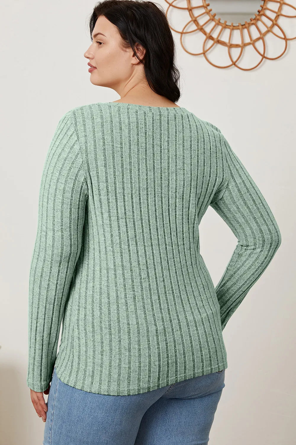 Light green Trendsi Basic Bae full-size ribbed V-neck long sleeve T-shirt, showcasing its fitted design and ribbed fabric detail.
