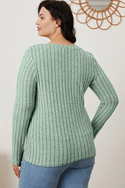 Light green Trendsi Basic Bae full-size ribbed V-neck long sleeve T-shirt, showcasing its fitted design and ribbed fabric detail.