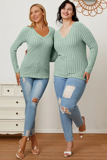 Light green Trendsi Basic Bae ribbed V-neck long sleeve T-shirt, full size, soft fabric, close-up of the textured ribbed material.