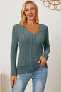 Light green Trendsi Basic Bae ribbed V-neck long sleeve T-shirt, full size, close-up of fabric texture and neckline detail.