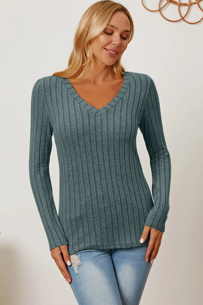 Light green Trendsi Basic Bae ribbed V-neck long sleeve T-shirt, full size, showing fitted ribbed fabric and V-neck design.