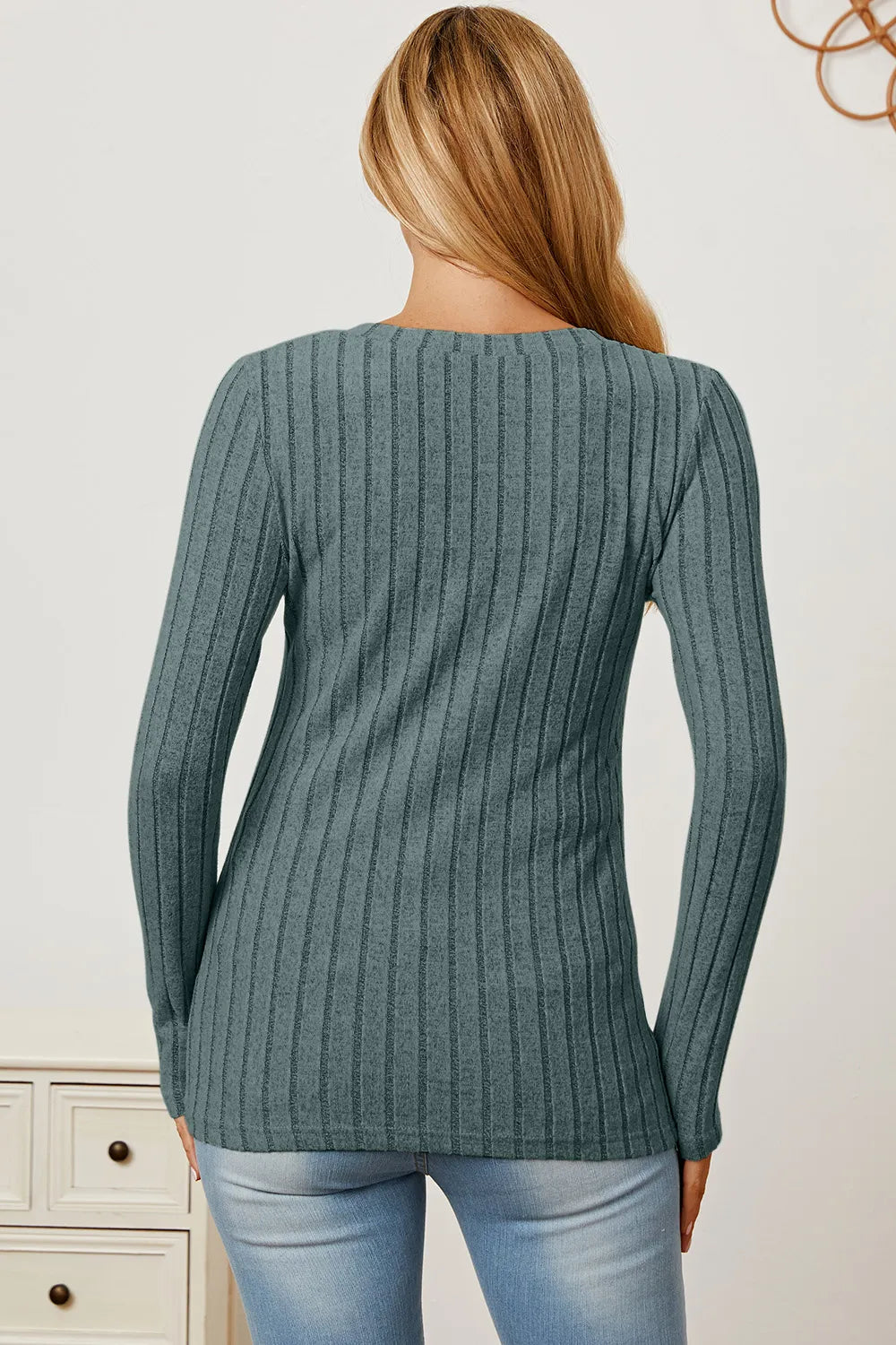 Light green Trendsi Basic Bae ribbed V-neck long sleeve T-shirt, full size, close-up of fabric and V-neck design.