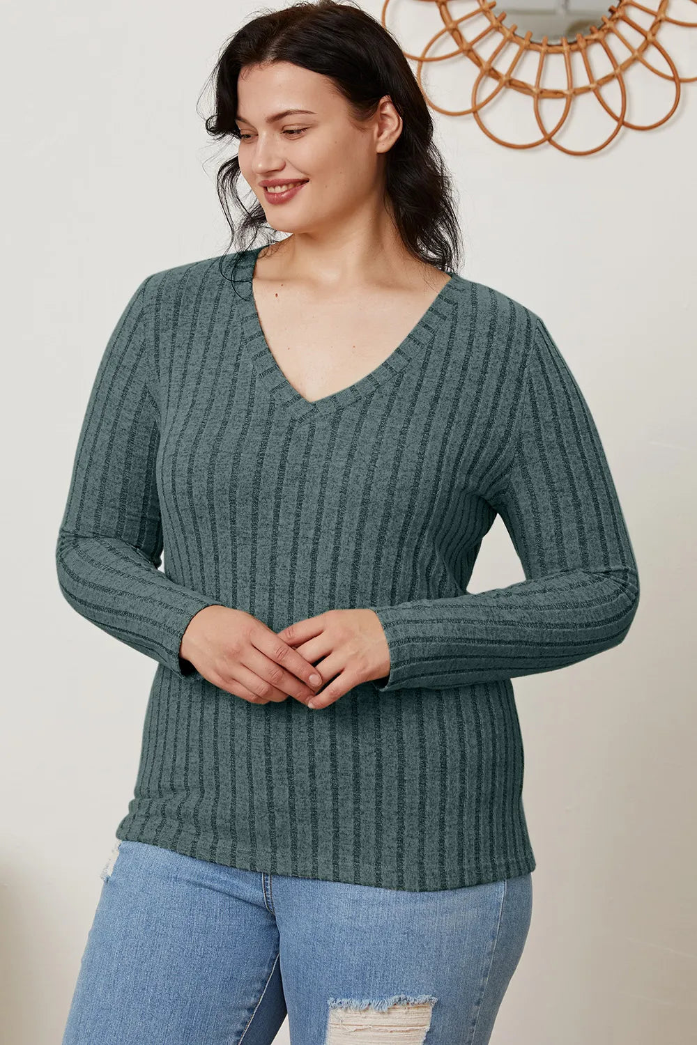 Light green Trendsi Basic Bae ribbed V-neck long sleeve T-shirt, full size, soft fabric, close-up of the textured ribbed material.