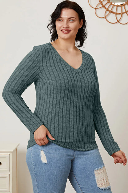 Light green Trendsi Basic Bae ribbed V-neck long sleeve T-shirt, full size, soft fabric, close-up of fabric and neckline.