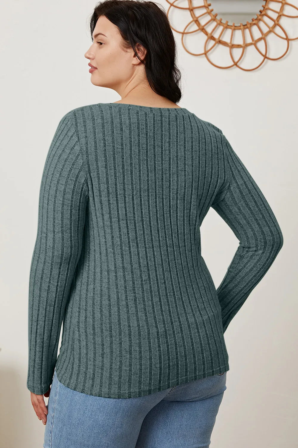 Light green Trendsi Basic Bae full-size ribbed V-neck long sleeve T-shirt, showing the fitted ribbed fabric and V-neck design.