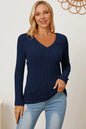 Light green Trendsi Basic Bae ribbed V-neck long sleeve T-shirt, full size, soft fabric, close-up of the textured ribbed design.