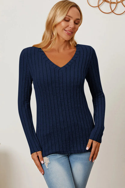 Light green Trendsi Basic Bae ribbed V-neck long sleeve T-shirt, full size, featuring a fitted ribbed design and V-neck collar.