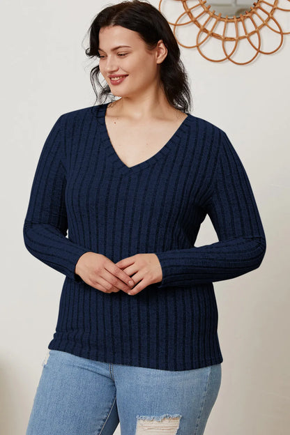 Light green Trendsi Basic Bae ribbed V-neck long sleeve T-shirt, full size, close-up of fabric and V-neck detail