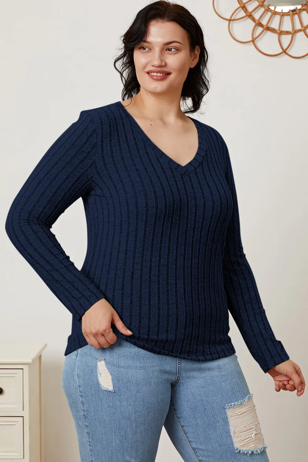 Light green Trendsi Basic Bae ribbed V-neck long sleeve T-shirt, full size, casual knit top with fitted ribbed fabric.