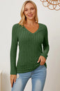 Light green Trendsi Basic Bae full-size ribbed V-neck long sleeve T-shirt, soft fabric and fitted silhouette.