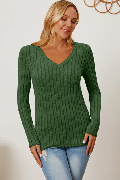 Light green Trendsi Basic Bae ribbed V-neck long sleeve T-shirt, full size, close-up of fabric and V-neck detail