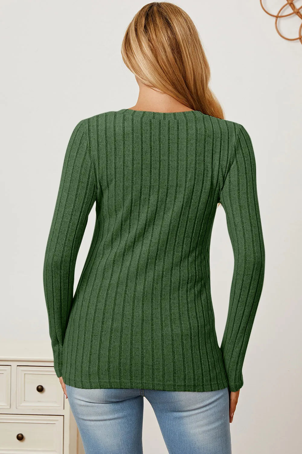 Light green Trendsi Basic Bae full-size ribbed V-neck long sleeve T-shirt, showing the fitted ribbed fabric and V-neck design.