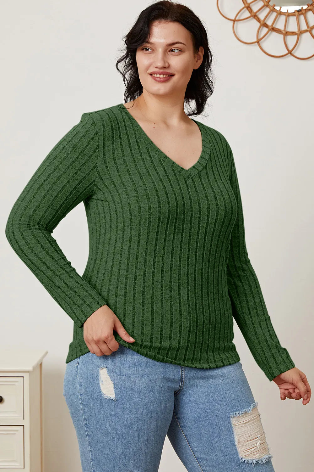 Light green Trendsi Basic Bae ribbed V-neck long sleeve T-shirt on a hanger, showcasing its full size and slim fit design.