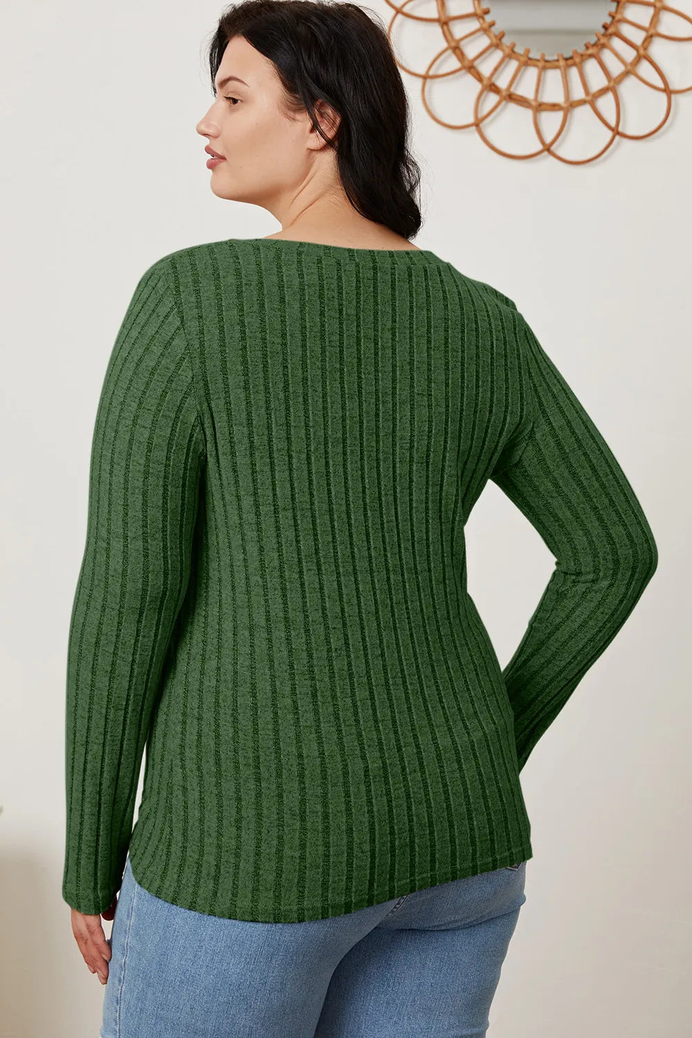 Light green Trendsi Basic Bae full-size ribbed V-neck long sleeve T-shirt, close-up of fabric and V-neck design.