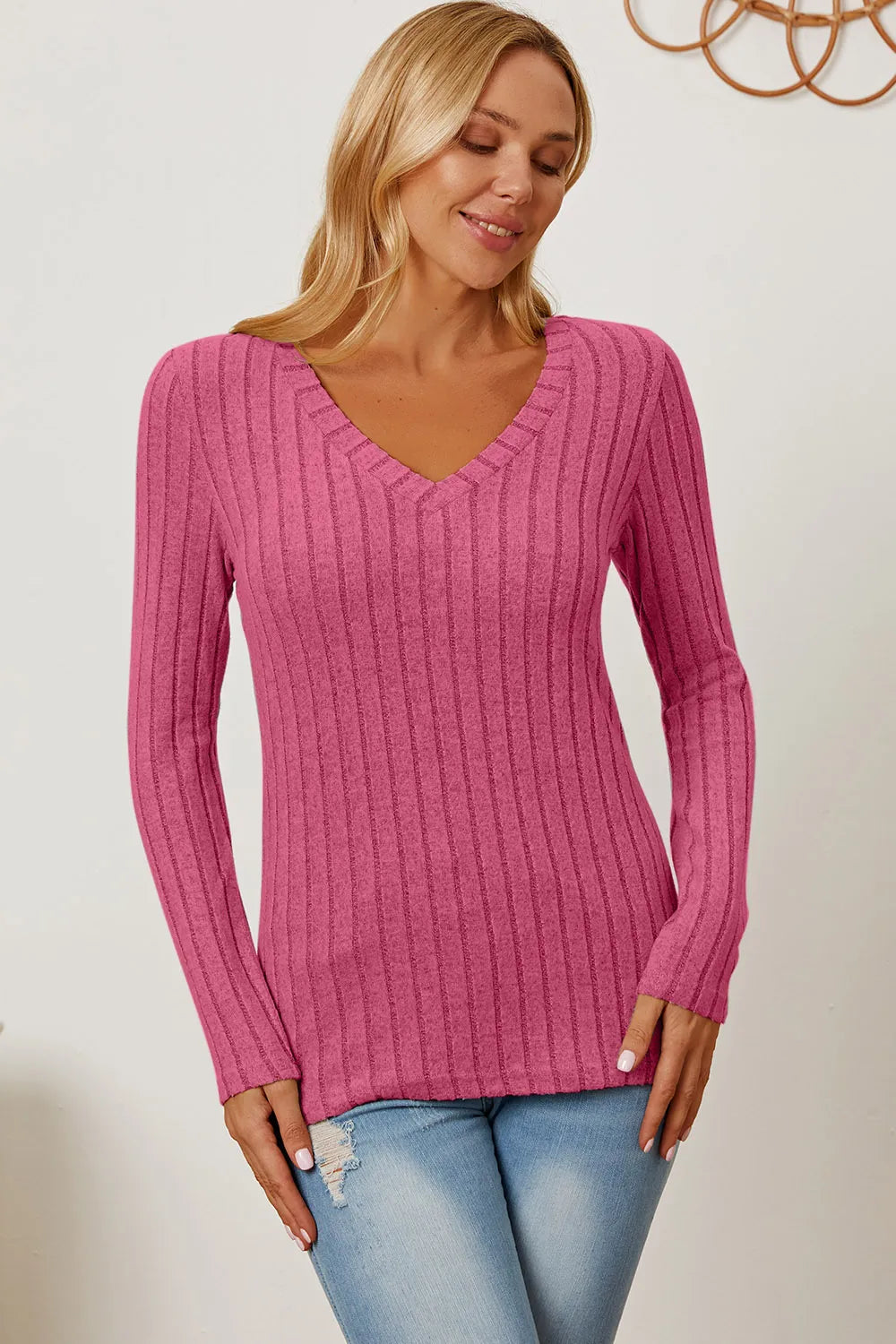 Light green Trendsi Basic Bae long sleeve V-neck T-shirt with ribbed design, full size, casual and comfortable fit.