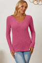 Light green Trendsi Basic Bae long sleeve V-neck T-shirt with ribbed design, full size, casual and comfortable fit.