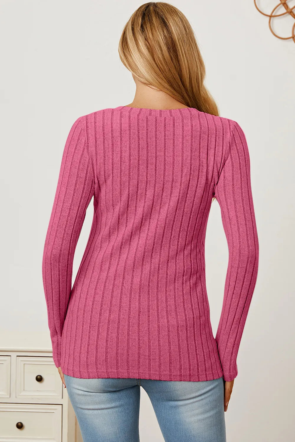 Light green Trendsi Basic Bae full-size ribbed V-neck long sleeve T-shirt, showing the fitted ribbed fabric and V-neck design.