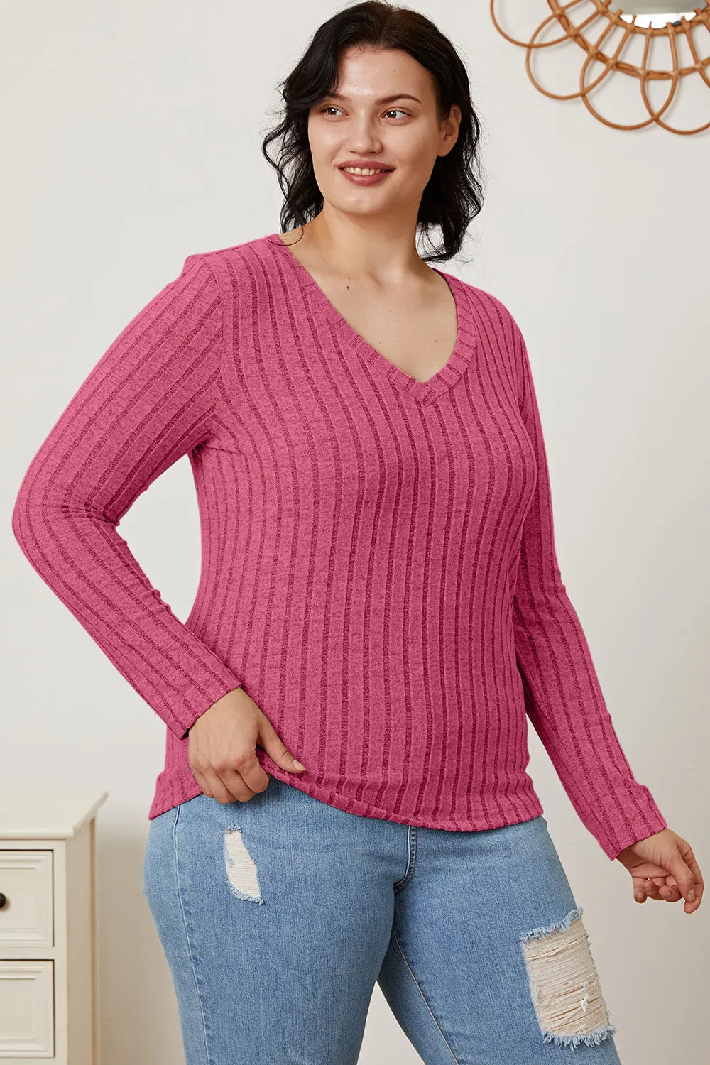Light green Trendsi Basic Bae full-size ribbed V-neck long sleeve T-shirt, showcasing its fitted ribbed fabric and V-neck design.